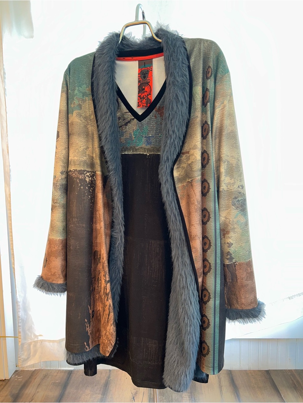 Boho Faux Fur Trim Open Cardigan - Teal, Brown, Gray with dress